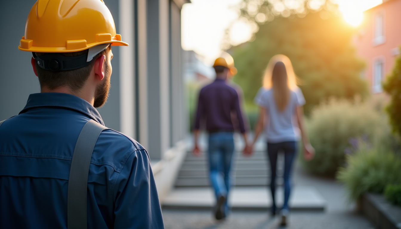 Technicien présentant un devis pour un monte-escalier à un couple à Routot