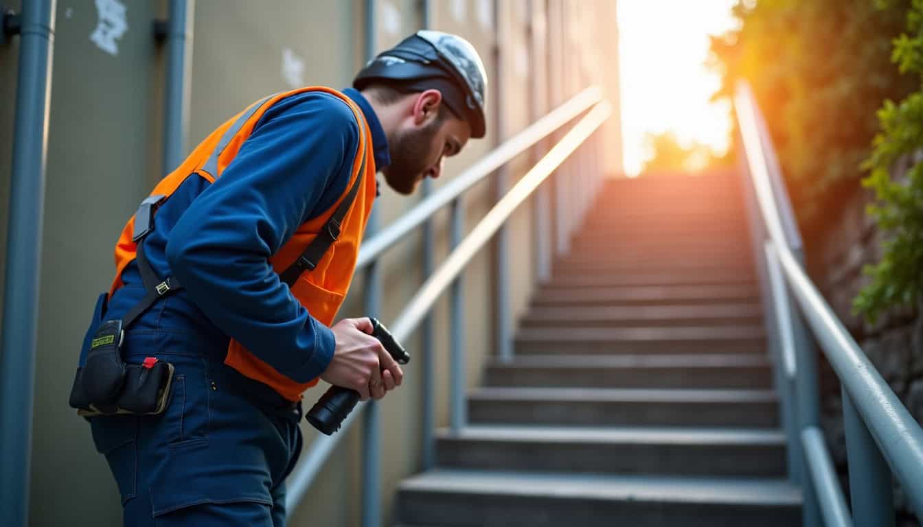 Technicien professionnel effectuant un contrôle de maintenance sur un monte-escalier à Saint-Paul-Trois-Châteaux