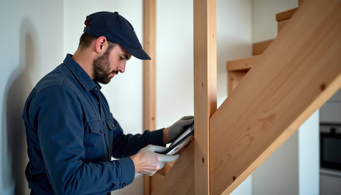 Techniciens installant un monte-escalier dans une maison à Écommoy