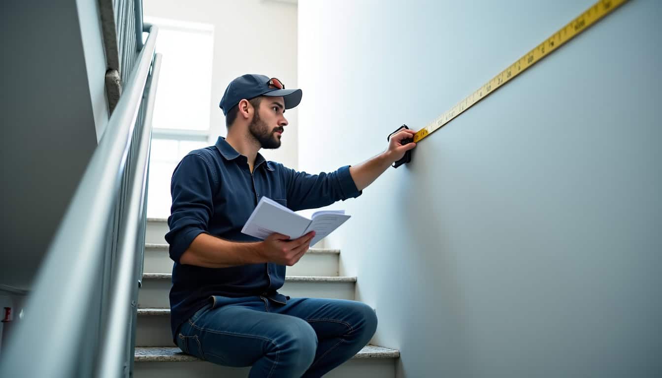 Un technicien en train de prendre des mesures sur un escalier à Bavinchove, avec un mètre ruban et un plan de l