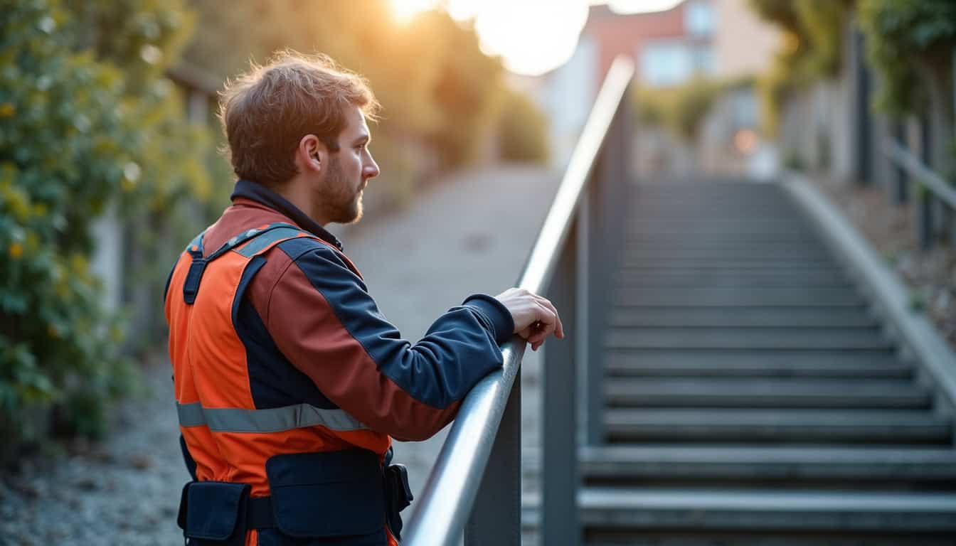 Un technicien en train de vérifier un monte-escalier installé à Bagard
