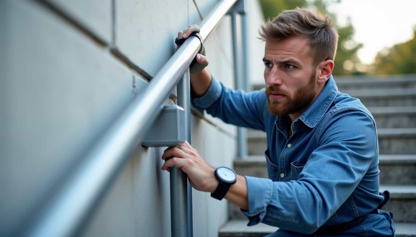 Un technicien local ajuste un rail de monte-escalier lors d’une installation à Quevauvillers