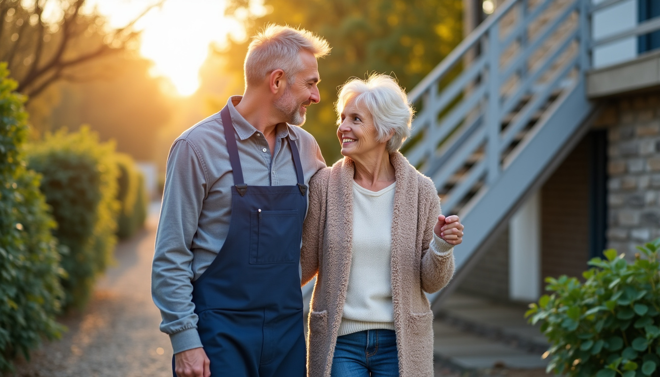 Un technicien remet un devis détaillé pour un monte-escalier à un couple âgé à La Celle-sur-Morin