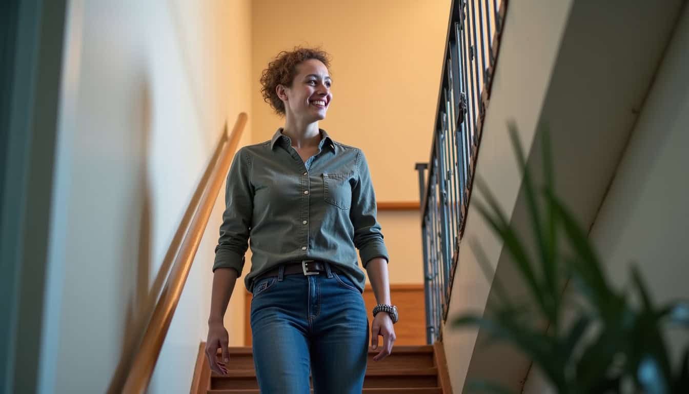 Utilisateur souriant utilisant un monte-escalier dans sa maison à Wavrans-sur-l