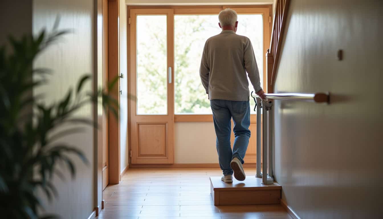 Utilisation d’un monte-escalier tournant par une personne âgée dans une maison à Saint-Ouën-des-Toits