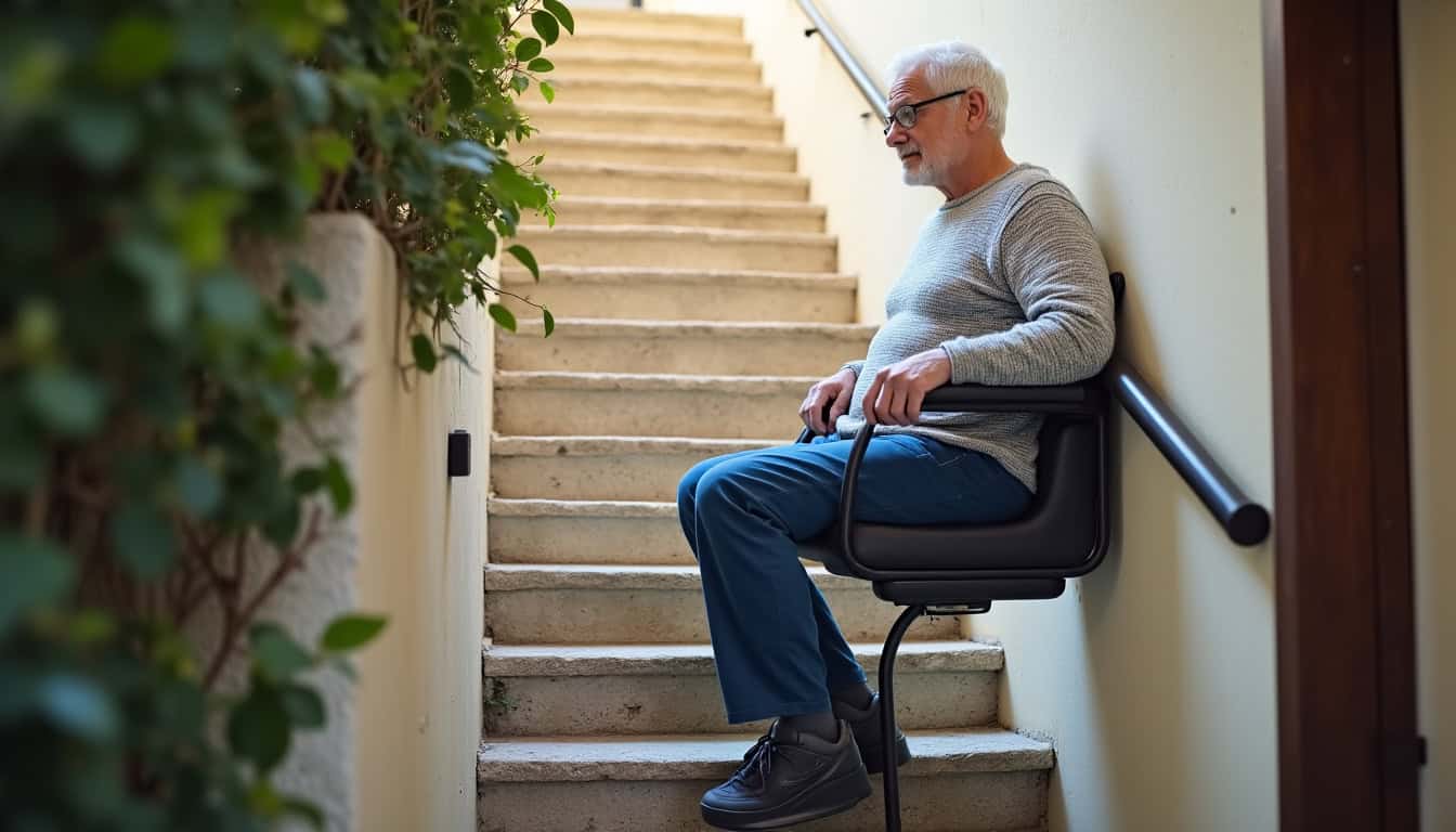 Utilisation sécurisée d’un monte-escalier par une personne âgée à Ghisonaccia, avec siège équipé d’une ceinture et de capteurs anti-obstacle
