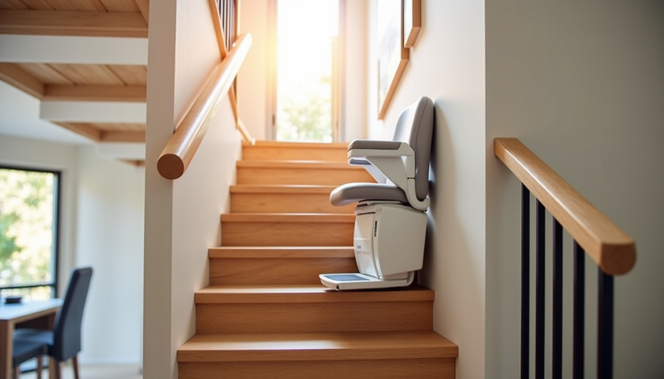 Vue d’intérieur d’un monte-escalier droit moderne installé dans une maison à Échiré