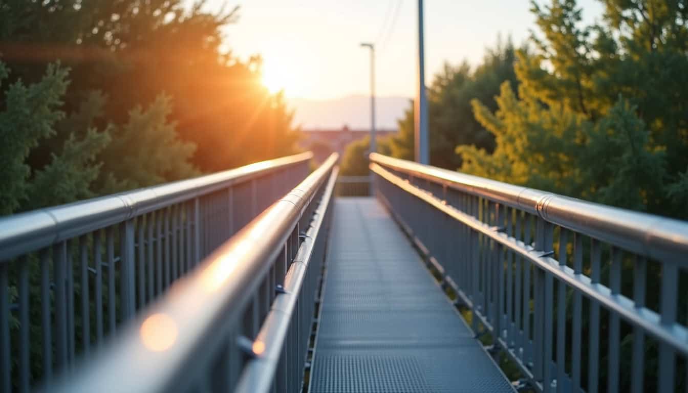 Vue d’un monte-escalier tournant en cours d’installation à Capvern, montrant le rail courbe
