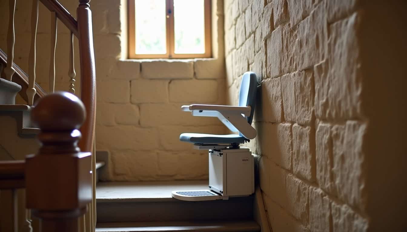 Chaise de monte-escalier repliée contre le mur dans un intérieur ancien à Chaudon