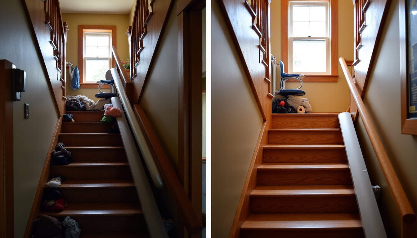 Comparaison avant et après installation d’un monte-escalier dans une maison de Peyriac-de-Mer