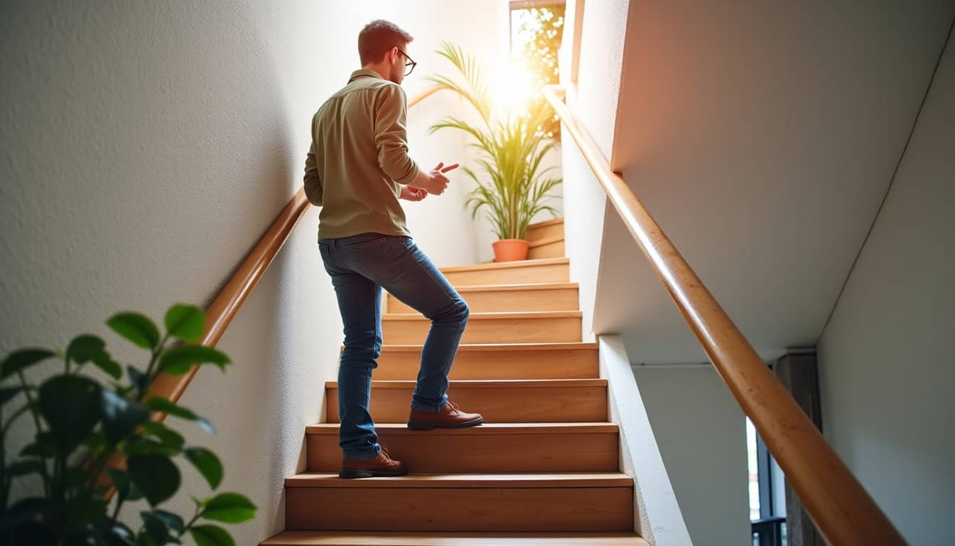 Comparaison entre deux devis de monte-escaliers à Rosselange, avec un installateur en train d’effectuer un diagnostic gratuit dans une maison traditionnelle