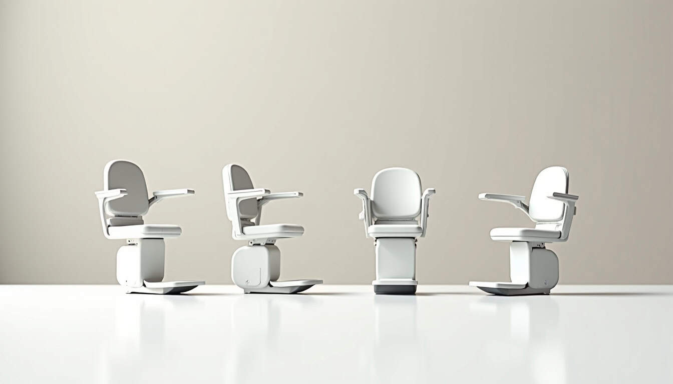 Comparaison visuelle des différents modèles de monte-escaliers: droit, tournant, extérieur et plateforme