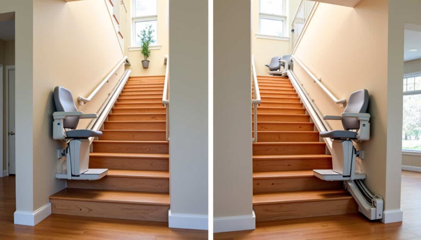 Comparaison visuelle entre un monte-escalier droit et un modèle tournant installé dans une habitation