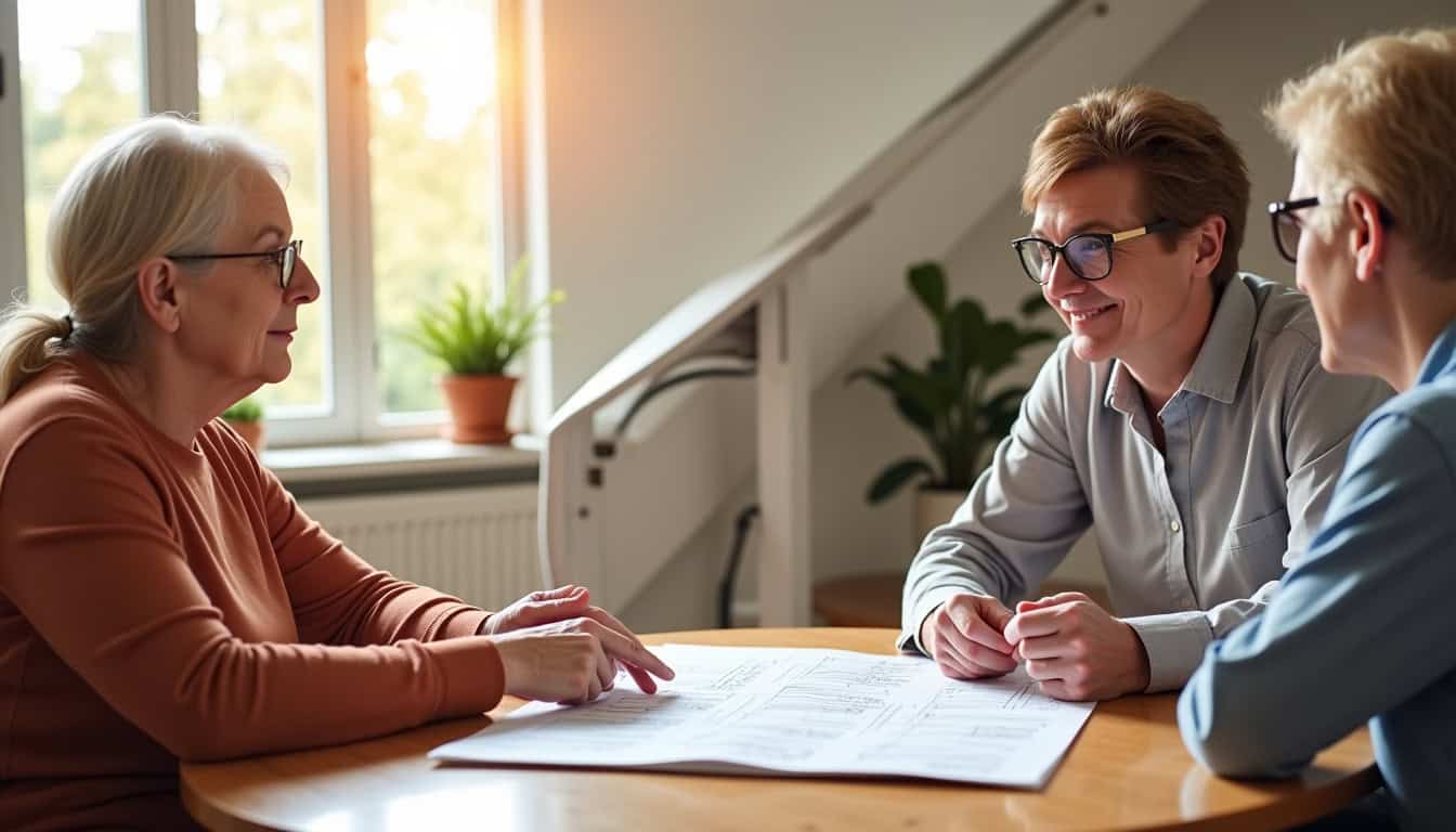 Conseiller en monte-escalier présentant un devis à un client à Couiza