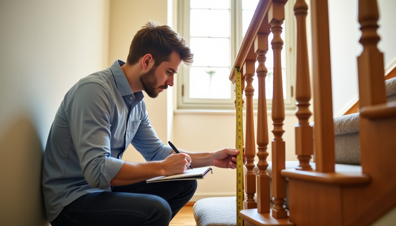 Conseiller en train de mesurer un escalier pour un devis à Marcellaz-Albanais