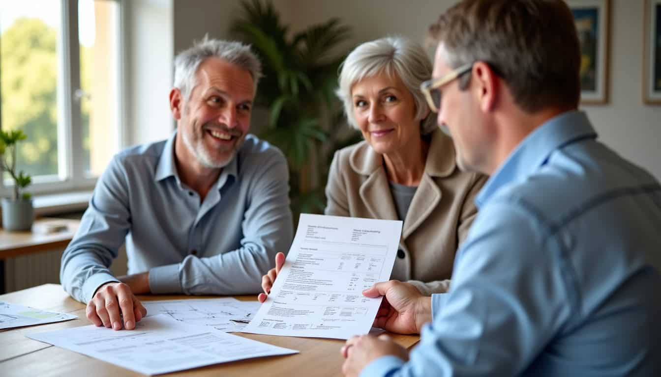Conseiller présentant un devis pour un monte-escalier à un couple à Villeurbanne