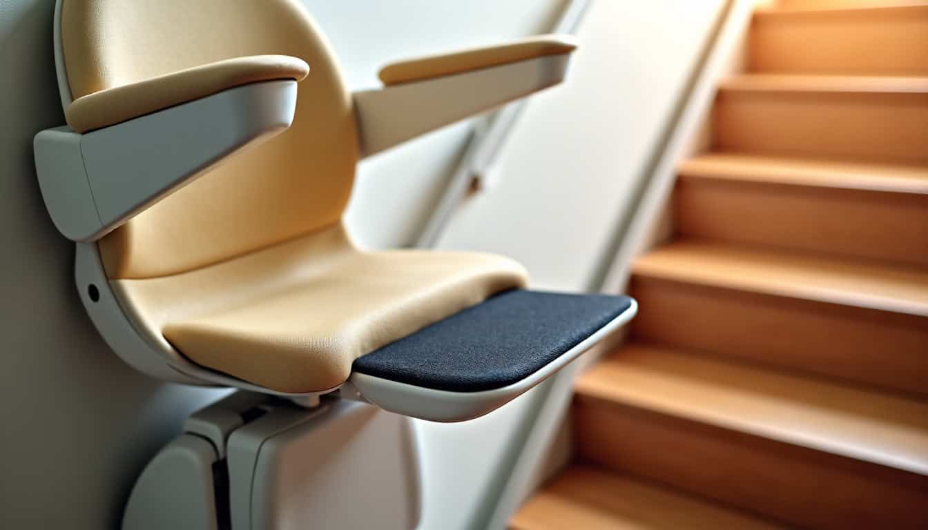 Détail du siège d’un monte-escalier avec repose-pieds à Hochstatt