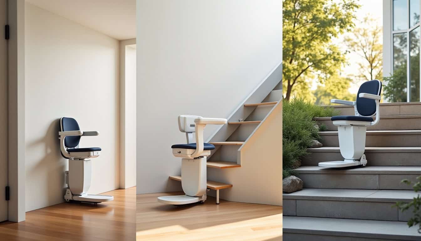 Différents modèles de monte-escalier installés à Châteauponsac: droit, tournant et extérieur