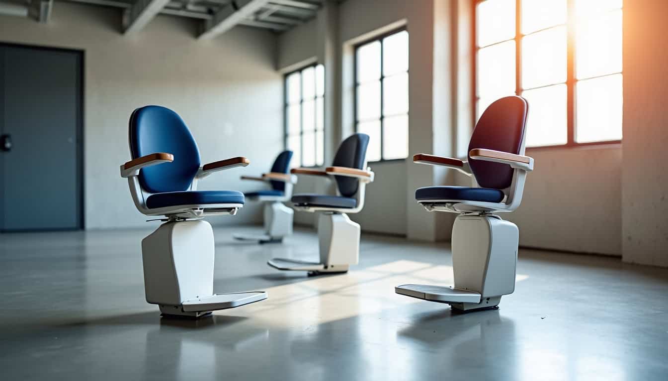 Différents modèles de monte-escaliers exposés en atelier, montre les variantes de siège, rail et design