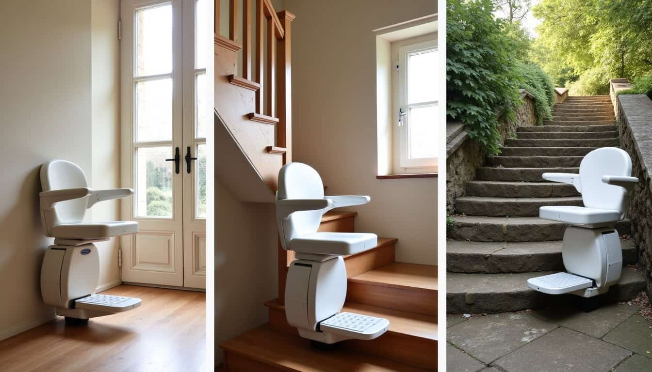 Différents modèles de monte-escaliers installés à Saché: droit, tournant et extérieur