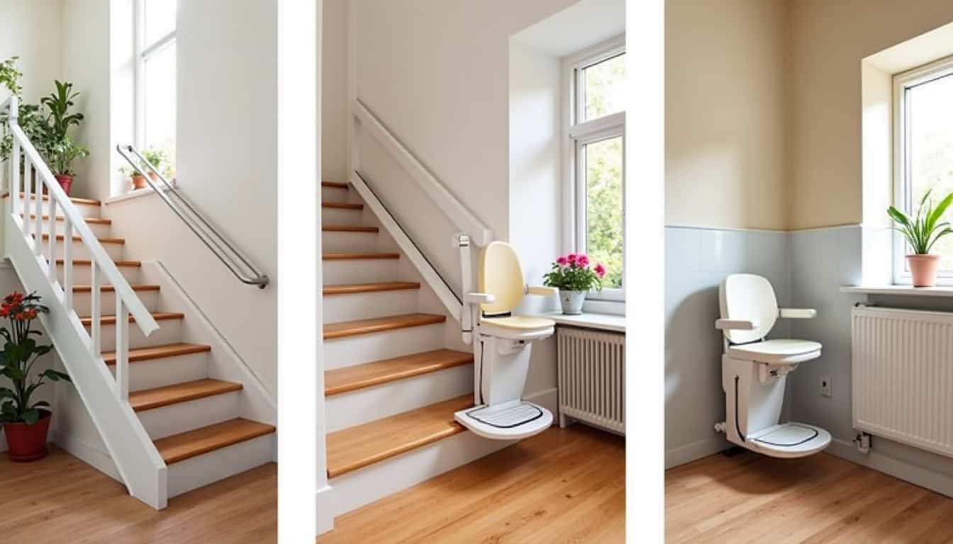 Différents modèles de monte-escaliers installés dans des habitations à Pontvallain, montrant un modèle droit, un tournant et un fauteuil élévatrice