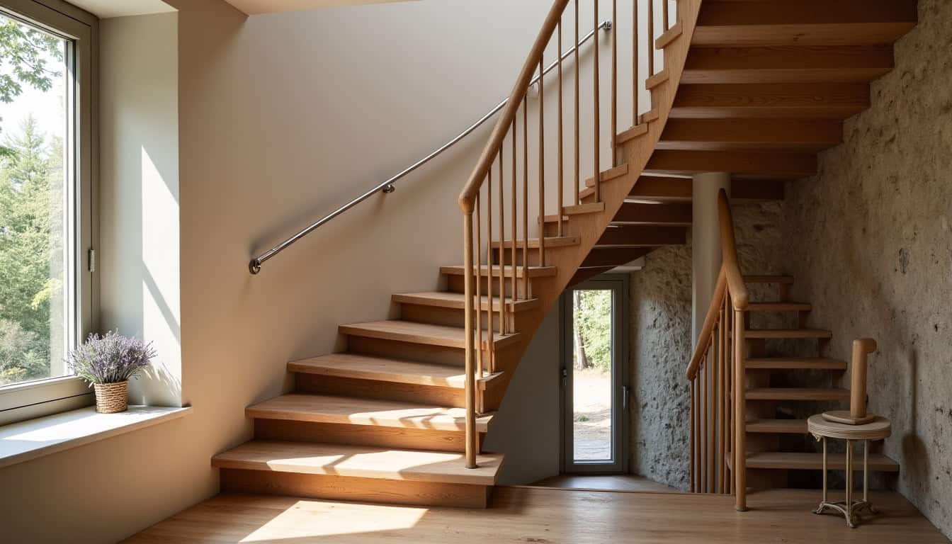 Différents modèles de monte-escaliers installés dans des maisons de Sancerre: droit, courbe et pivotant