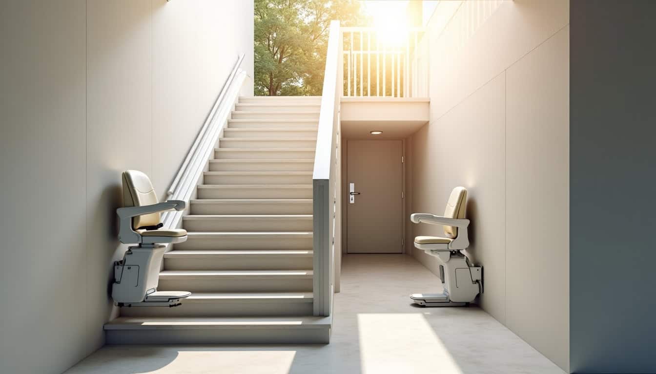 Différents types de monte-escaliers en installation: droit, courbe et extérieur