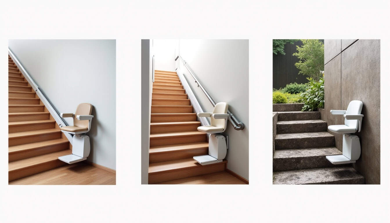 Différents types de monte-escaliers installés dans des habitations à Damazan: droit, tournant et extérieur