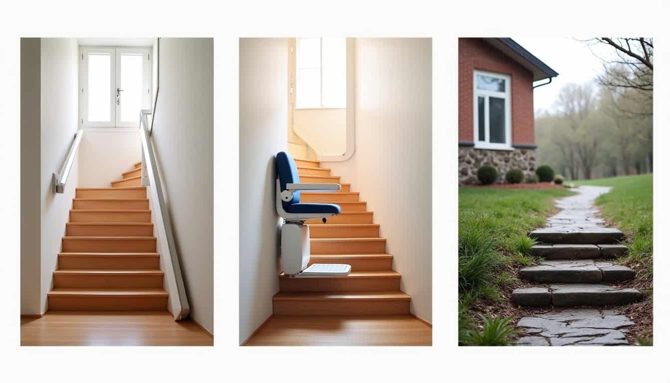 Différents types de monte-escaliers installés dans une maison à Saint-Hilaire-lez-Cambrai: droit, courbe et extérieur