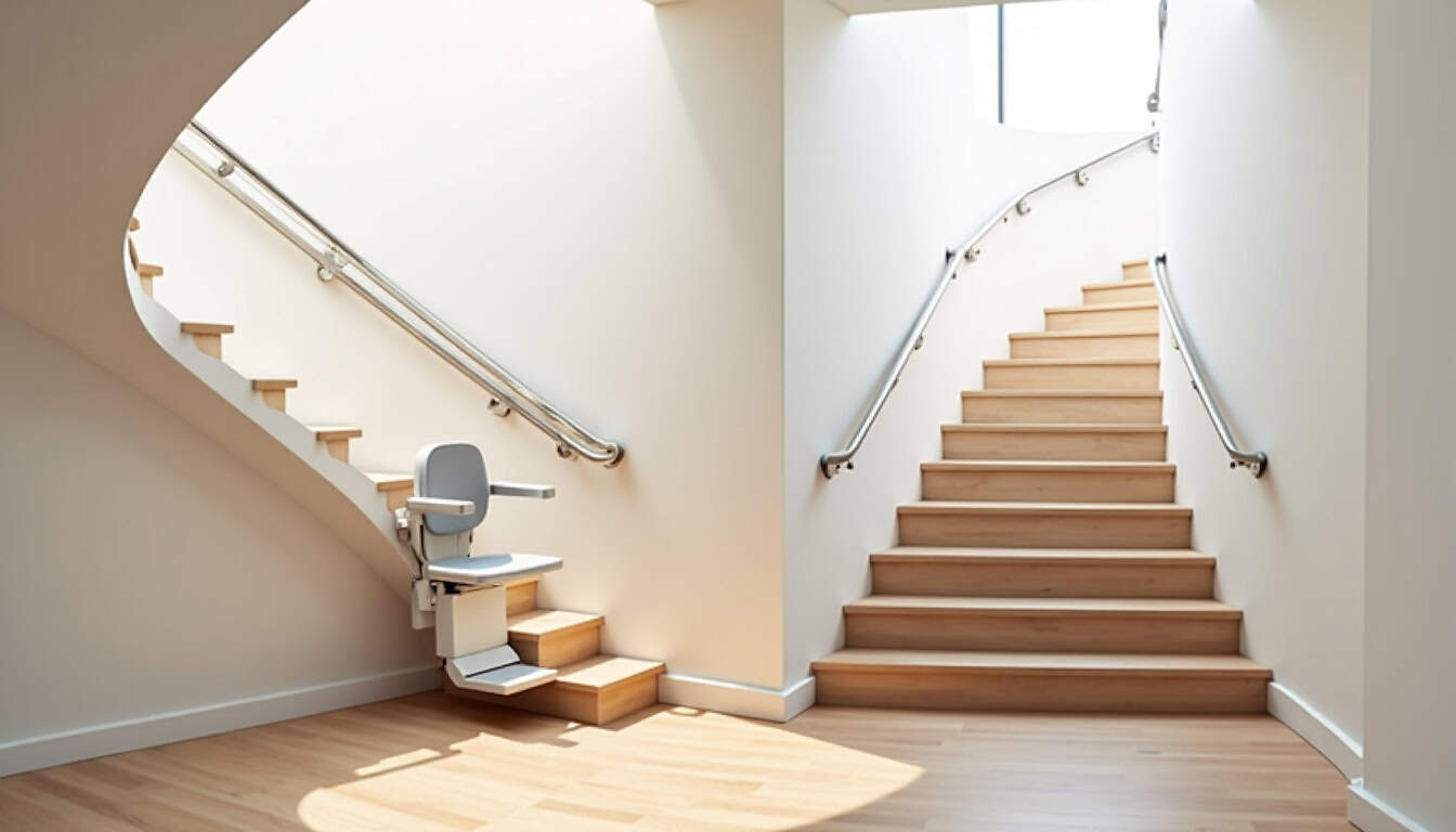 Différents types de monte-escaliers installés sur des escaliers droits et tournants