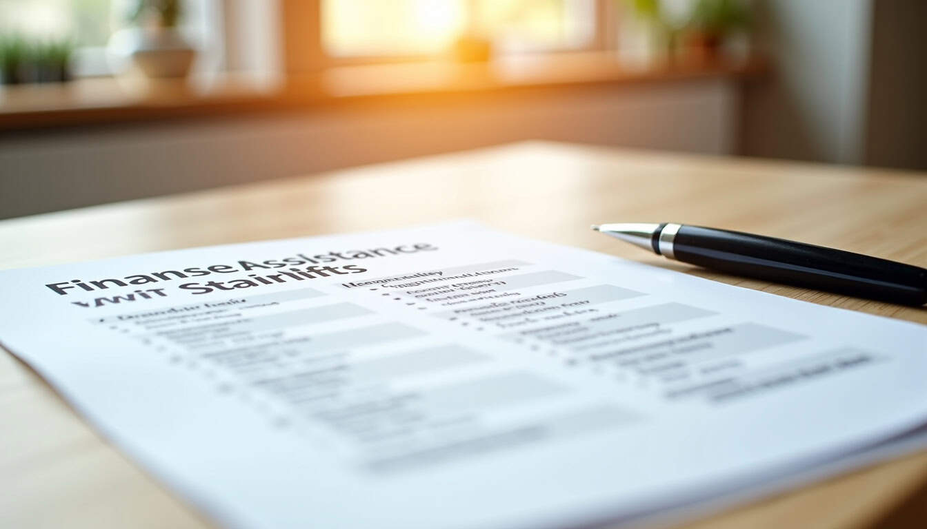 Document illustrant les différentes aides financières disponibles pour un monte-escalier, posé sur une table avec un stylo