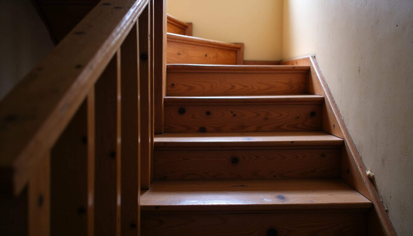Escalier en bois ancien dans une maison traditionnelle de Villabé, illustrant les contraintes d