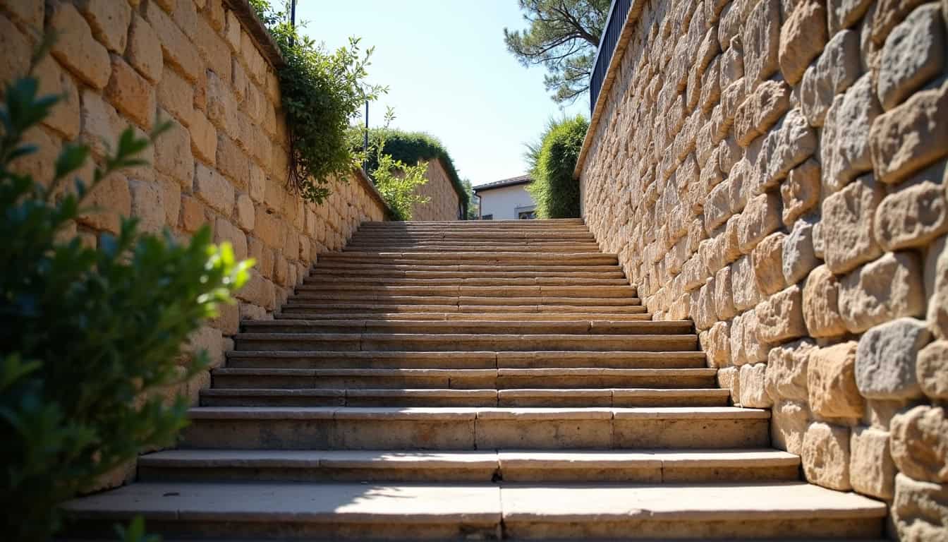 Escalier en pierre ancien typique de Montholon, illustrant la configuration pour laquelle un monte-escalier peut être nécessaire