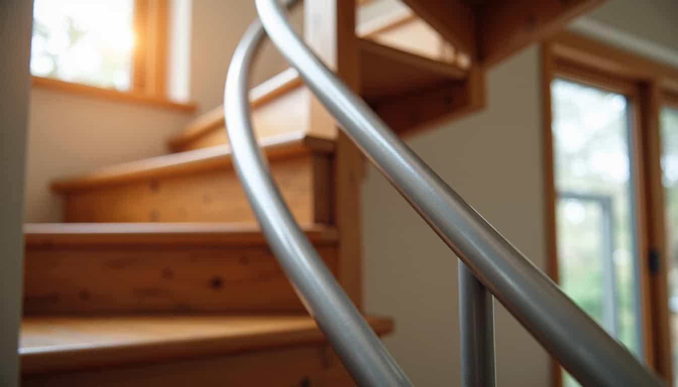 Étape d’installation d’un monte-escalier courbe dans une maison de L’Aiguillon-la-Presqu’île, pose du rail sur un escalier en colimaçon