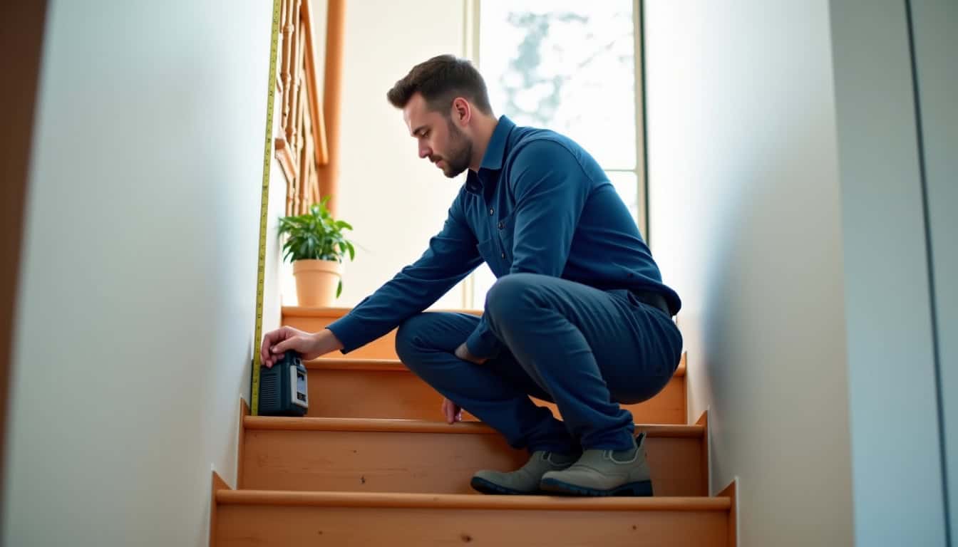 Expert en train d’effectuer un diagnostic d’escalier pour une installation de monte-escalier à Lagor