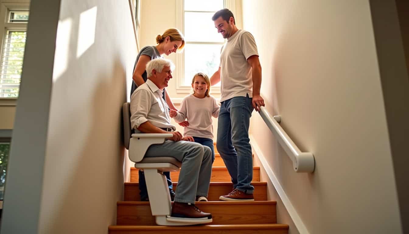 Famille heureuse avec un monte-escalier installé dans leur maison à Ouches