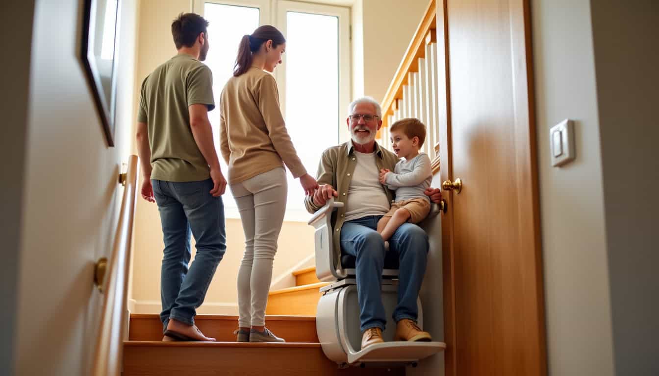 Famille utilisant un monte-escalier dans une maison d