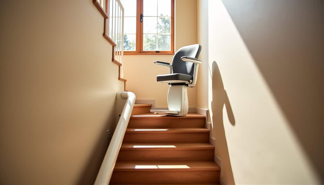 Fauteuil monte-escalier droit installé sur un escalier rectiligne à Roppe