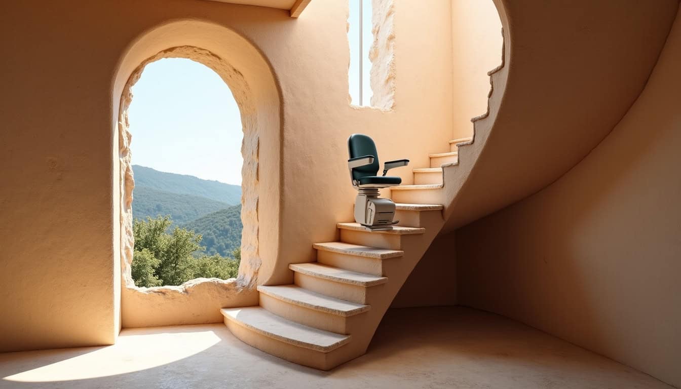 Fauteuil monte-escalier tournant installé sur un escalier en colimaçon à Corbières-en-Provence