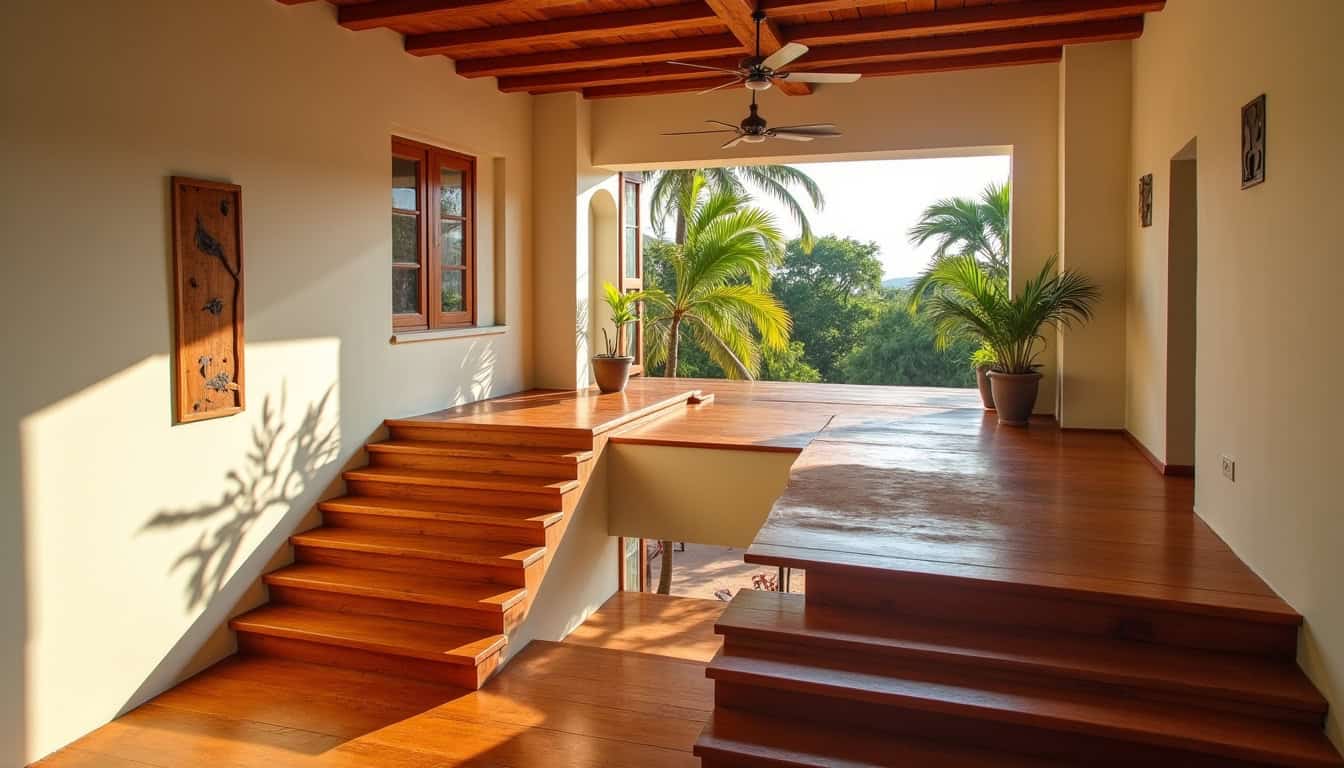 Habitat typique à Le Marin, Martinique, avec escaliers en bois et espaces ouverts