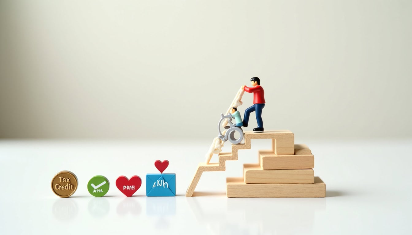 Infographie illustrant les aides financières pour un monte-escalier à Bazas: crédit d’impôt, ANAH, APA, PCH