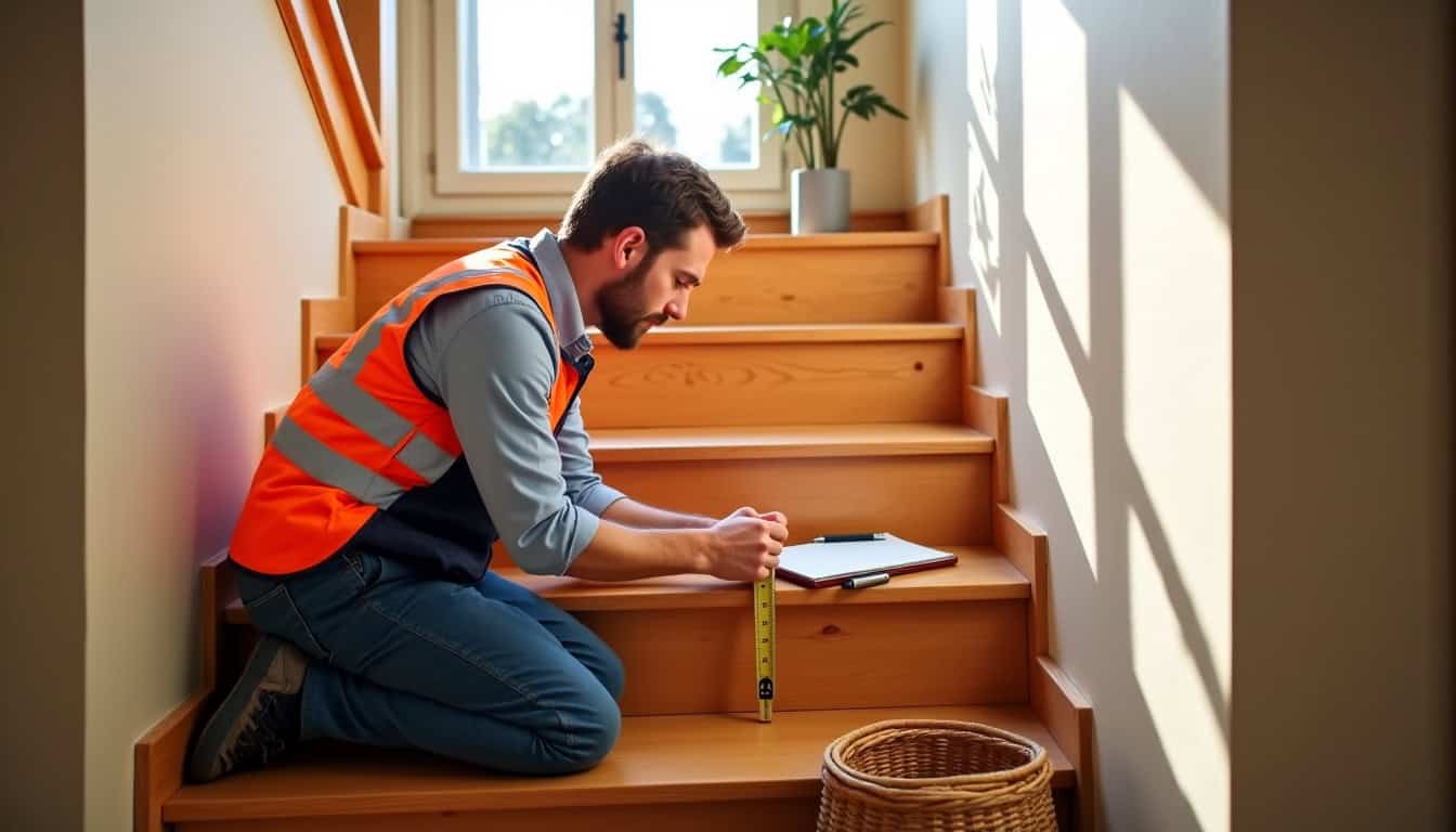 Installateur en train de prendre les mesures d’un escalier pour un devis personnalisé à Jouarre