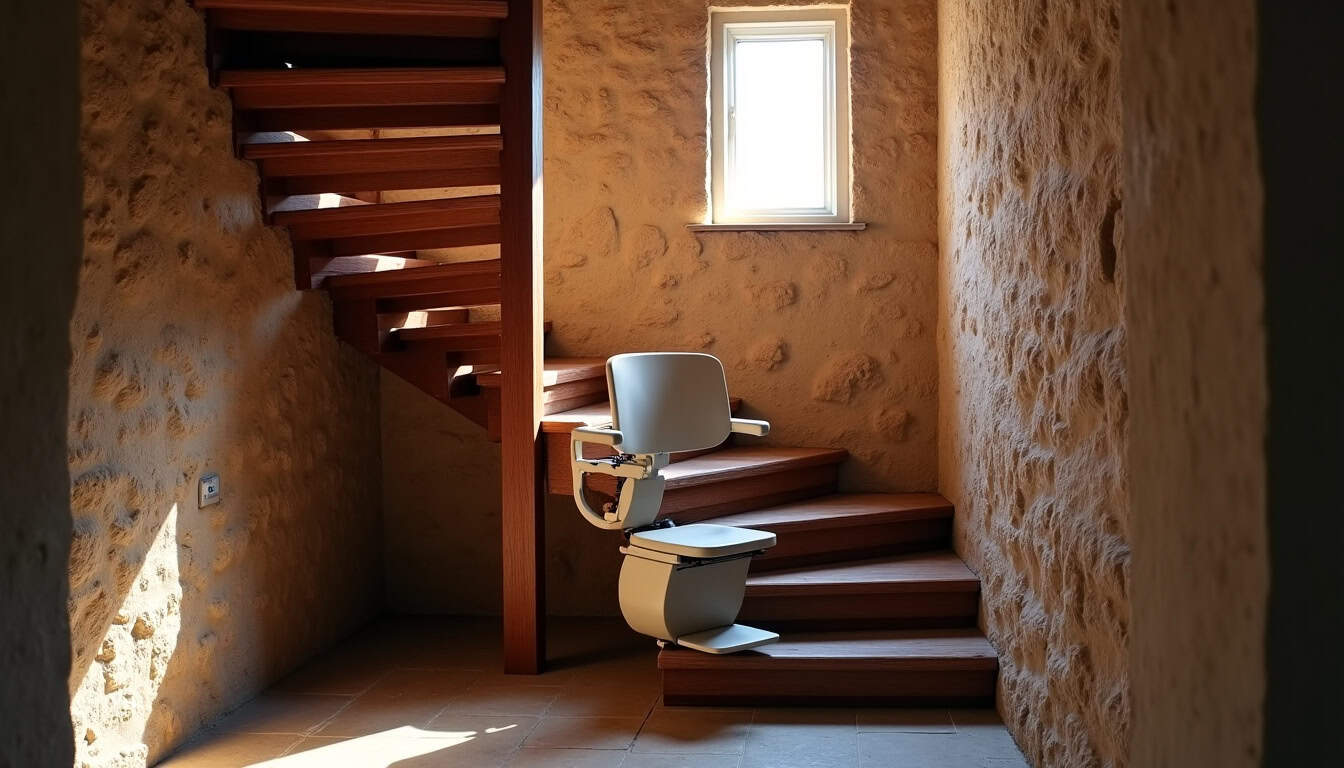 Installation d’un monte-escalier courbe dans un escalier en colimaçon à Auros