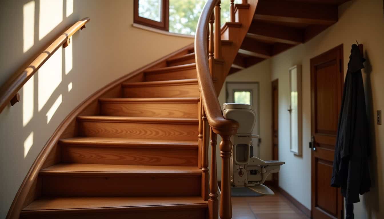 Installation d’un monte-escalier courbe dans une maison traditionnelle à La Regrippière, vue depuis le bas de l’escalier