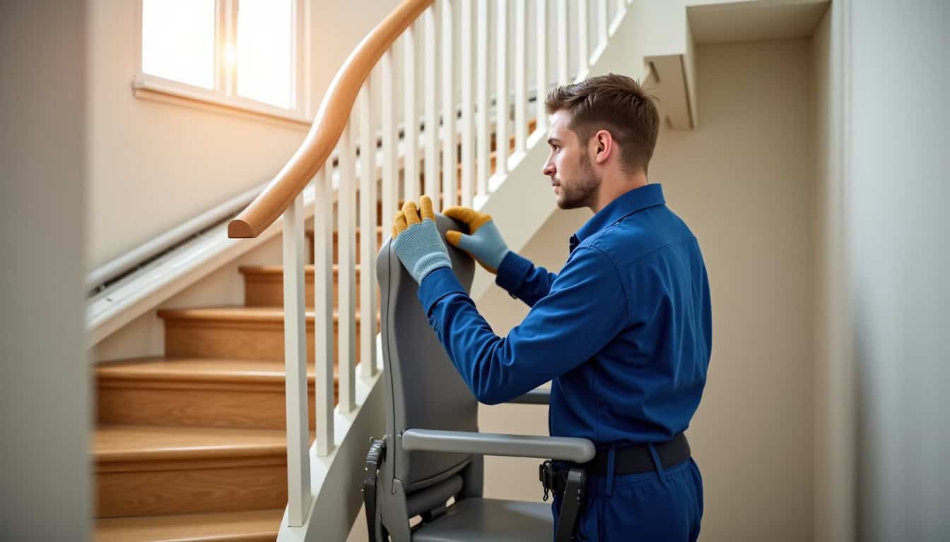 Installation d’un monte-escalier courbe par un technicien à Alzonne