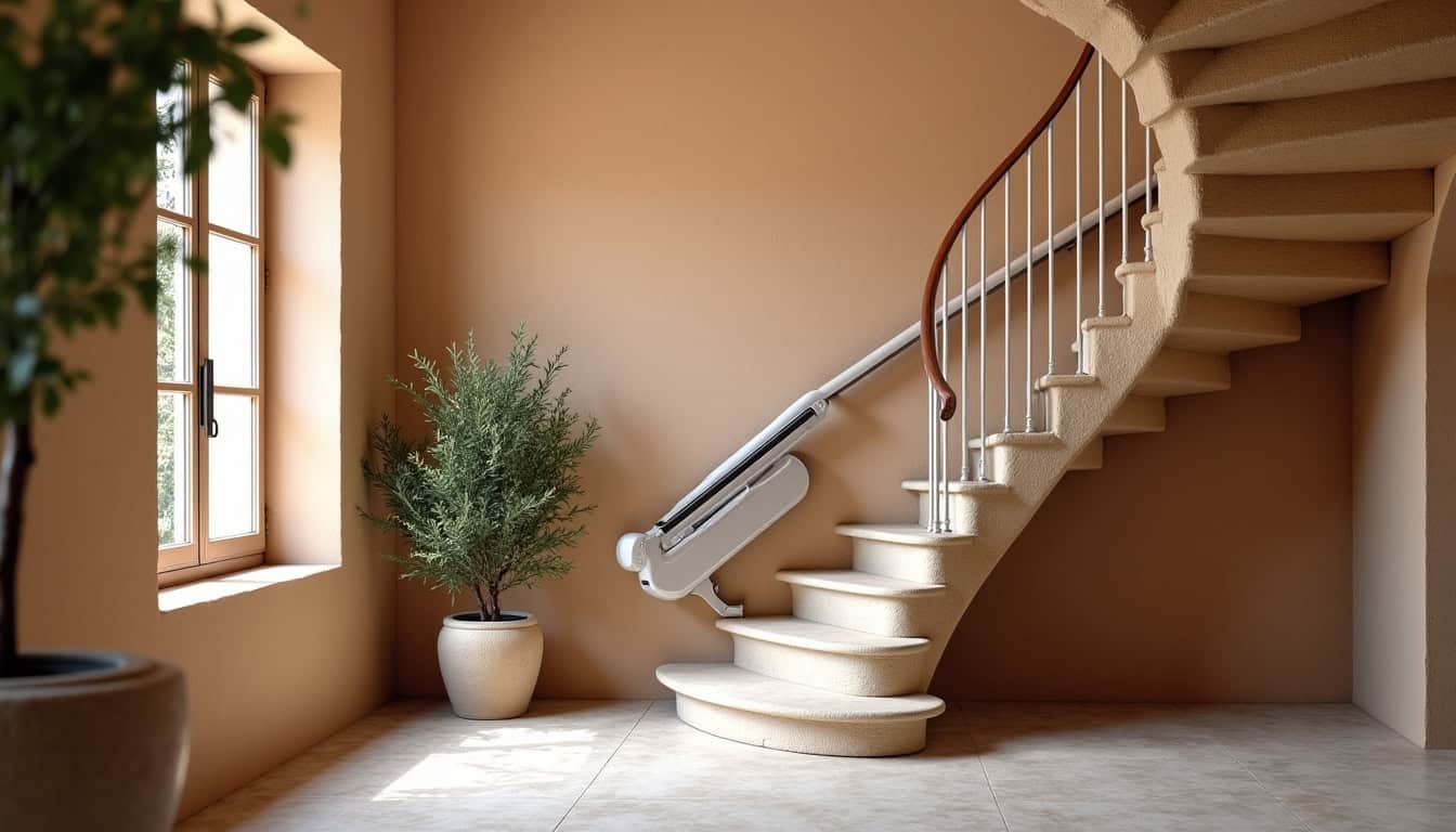 Installation d’un monte-escalier courbe sur un escalier en colimaçon dans une maison ancienne de Lançon-Provence