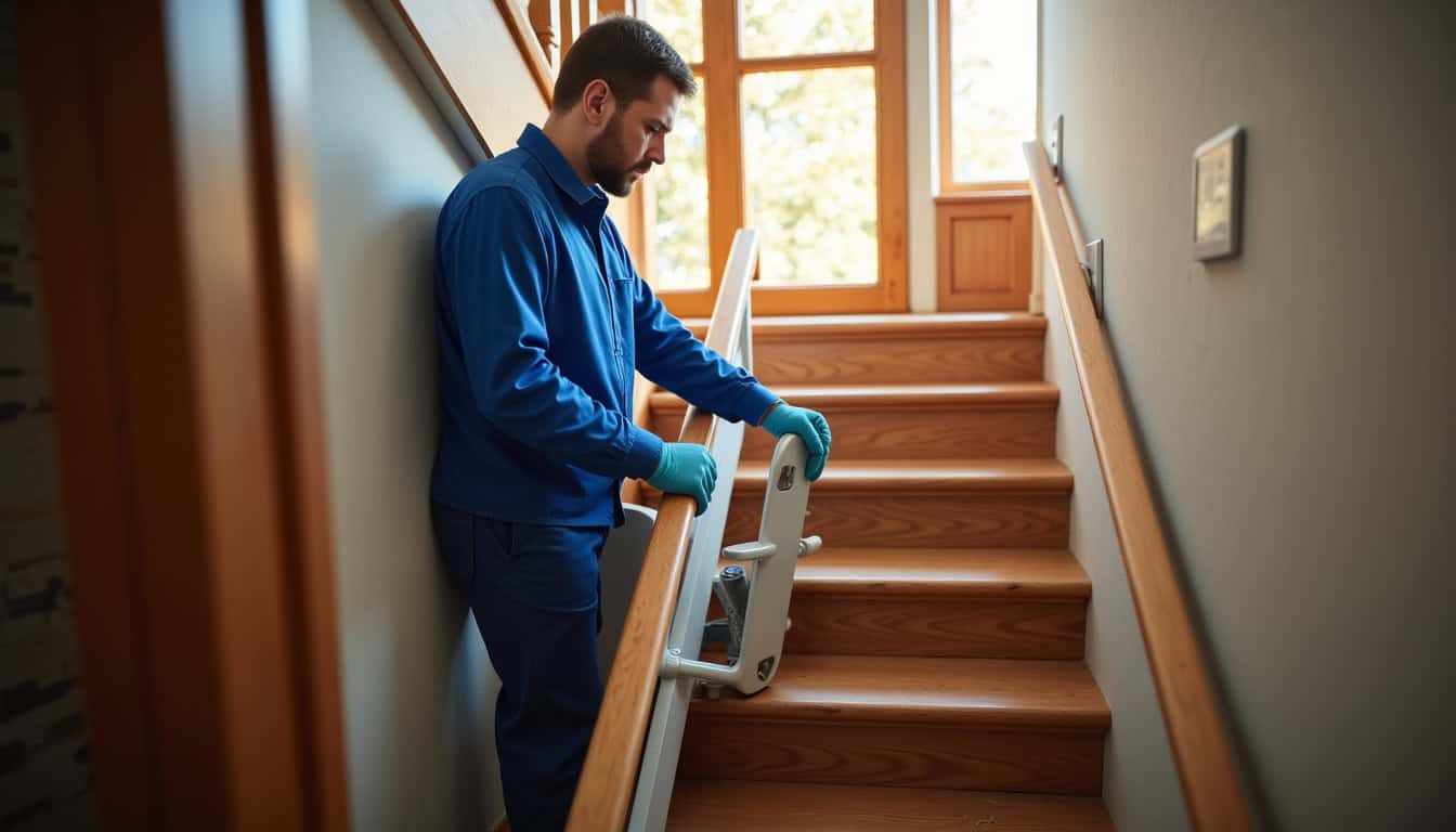 Installation d’un monte-escalier dans une maison à Tenteling avec un technicien en action