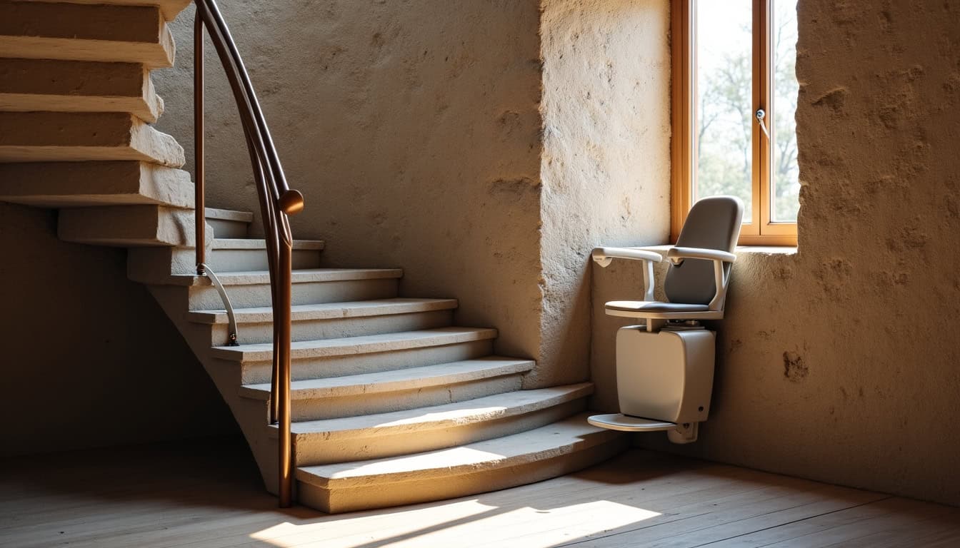 Installation d’un monte-escalier dans une maison ancienne à Ham, escalier en colimaçon avec rail courbe adapté