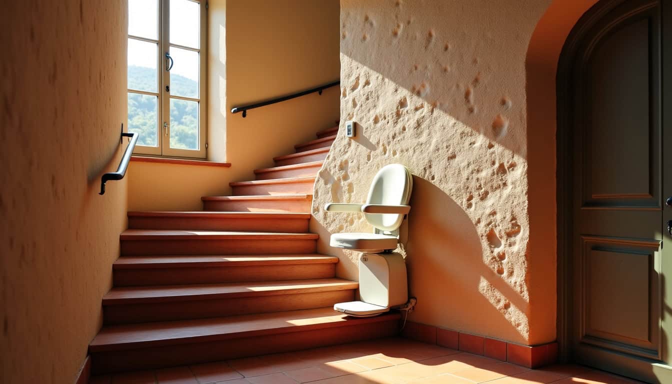 Installation d’un monte-escalier dans une maison typique d’Opoul-Périllos avec escalier tournant