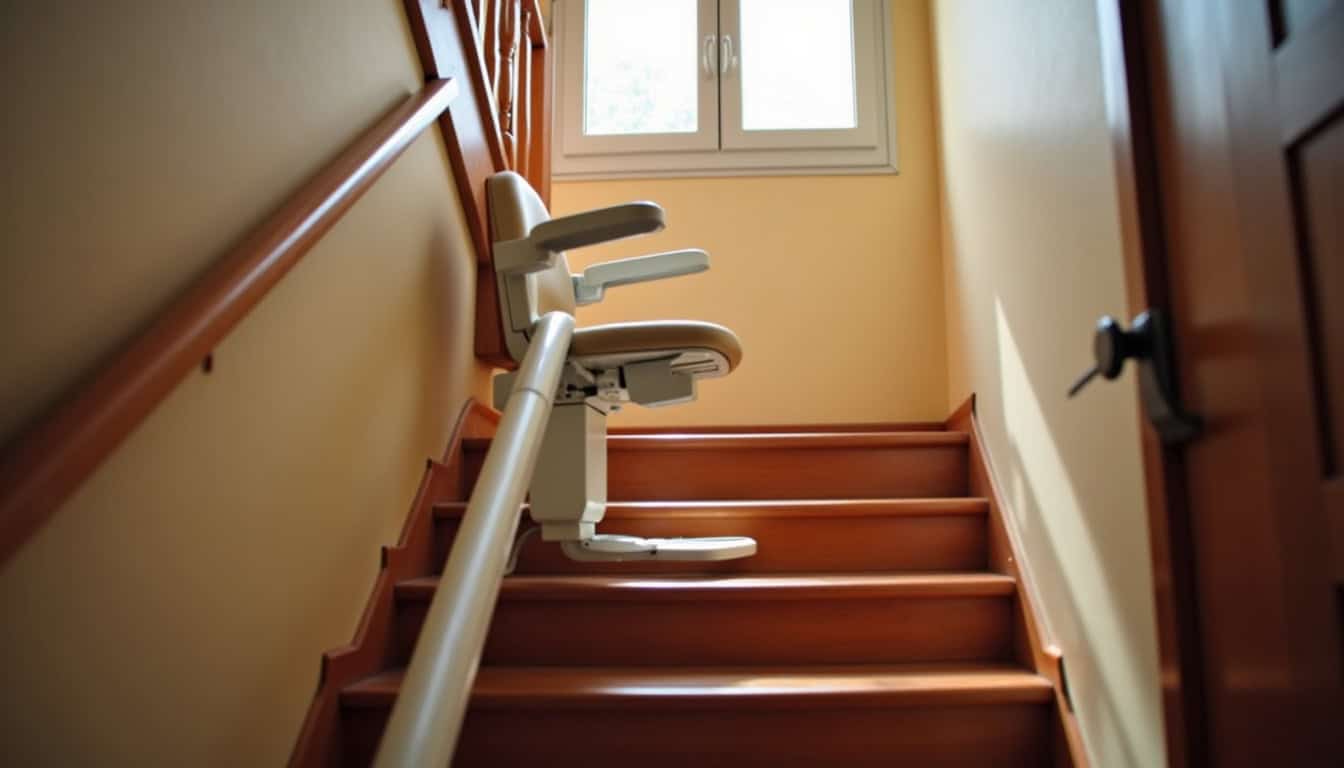 Installation d’un monte-escalier d’occasion dans une maison à Bazas, montrant un rail fixé sur un escalier en bois avec un siège confortable